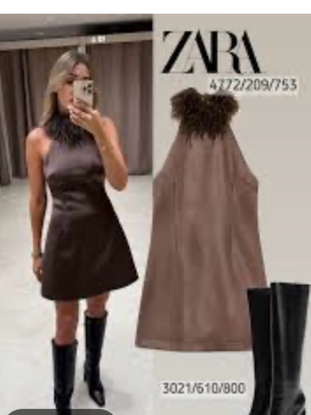 Zara Brown Feather-Trim Halter Mini Dress